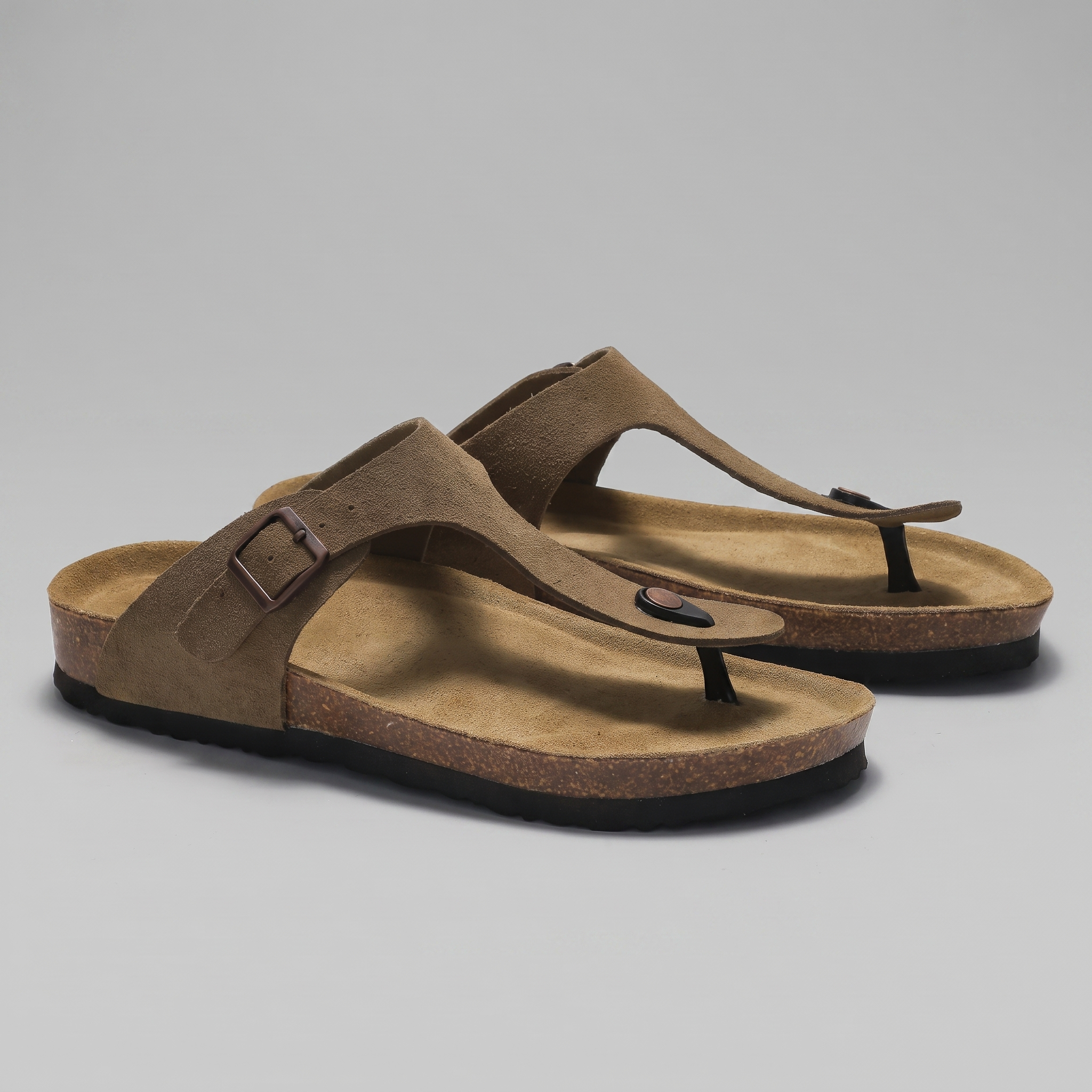 Men's Suede Sandals, Cork Footbed Toe-Post Sandals – Buckle Strap
