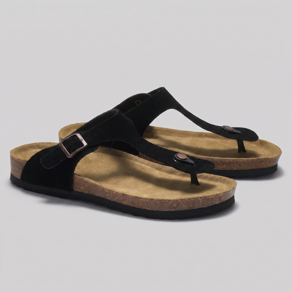 Men's Suede Sandals, Cork Footbed Toe-Post Sandals – Buckle Strap