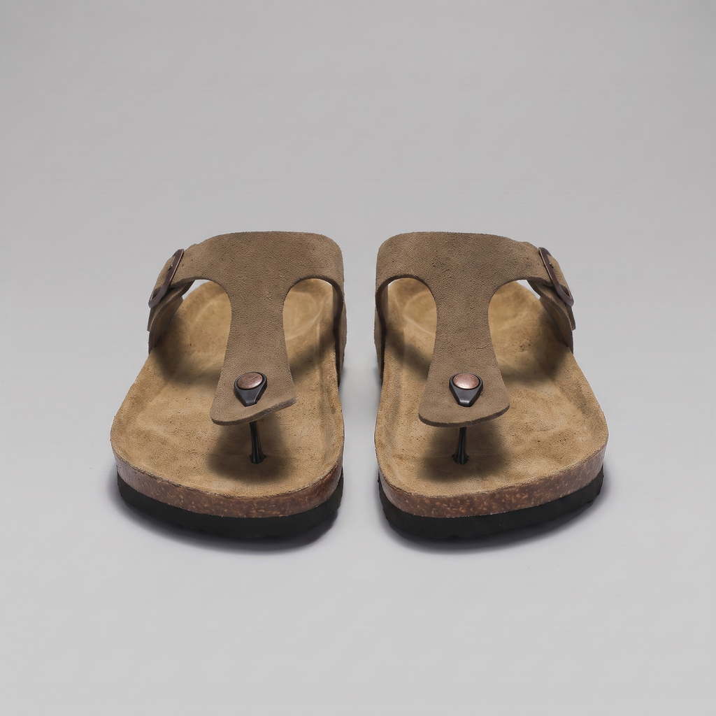 Men's Suede Sandals, Cork Footbed Toe-Post Sandals – Buckle Strap