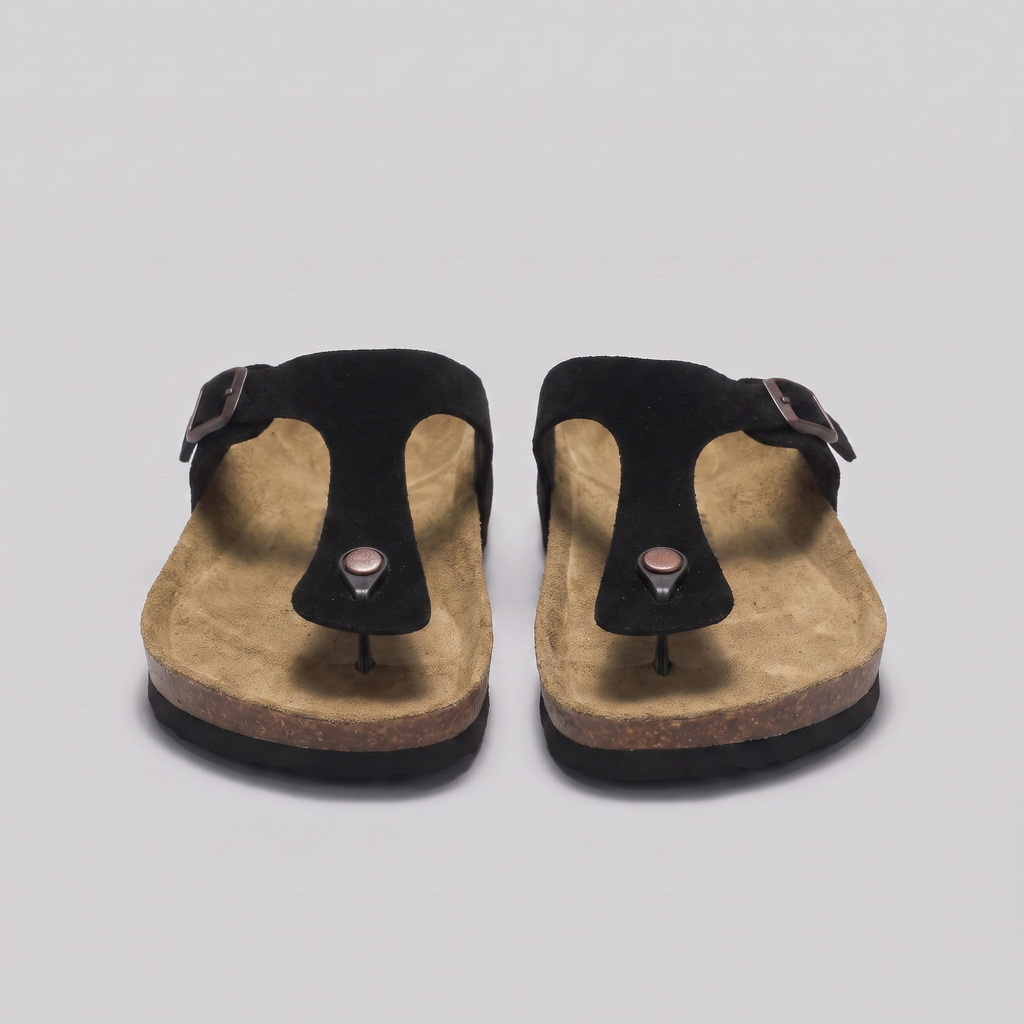 Men's Suede Sandals, Cork Footbed Toe-Post Sandals – Buckle Strap