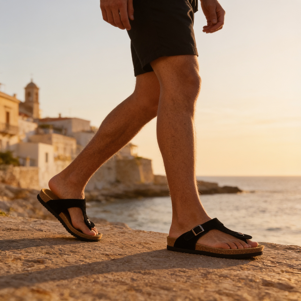 Men's Suede Sandals, Cork Footbed Toe-Post Sandals – Buckle Strap