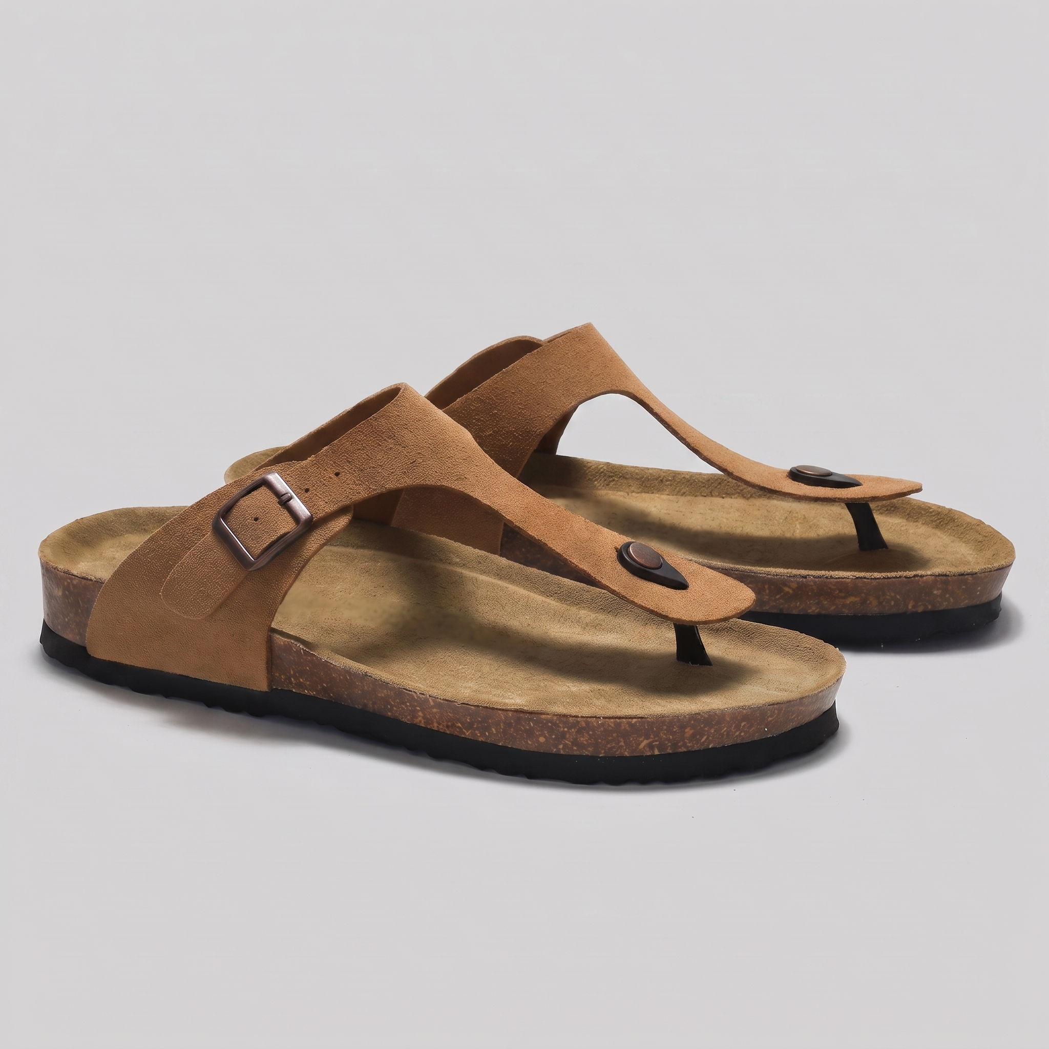 Men's Suede Sandals, Cork Footbed Toe-Post Sandals – Buckle Strap