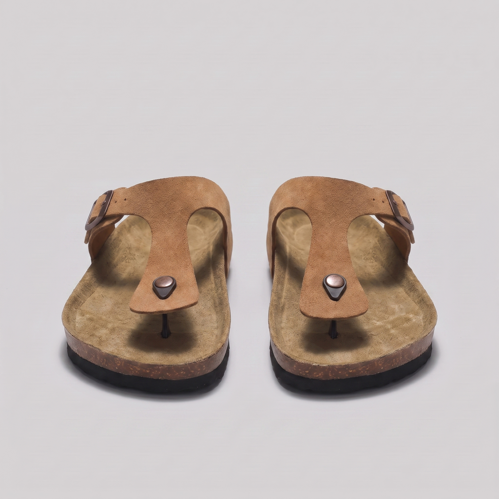 Men's Suede Sandals, Cork Footbed Toe-Post Sandals – Buckle Strap