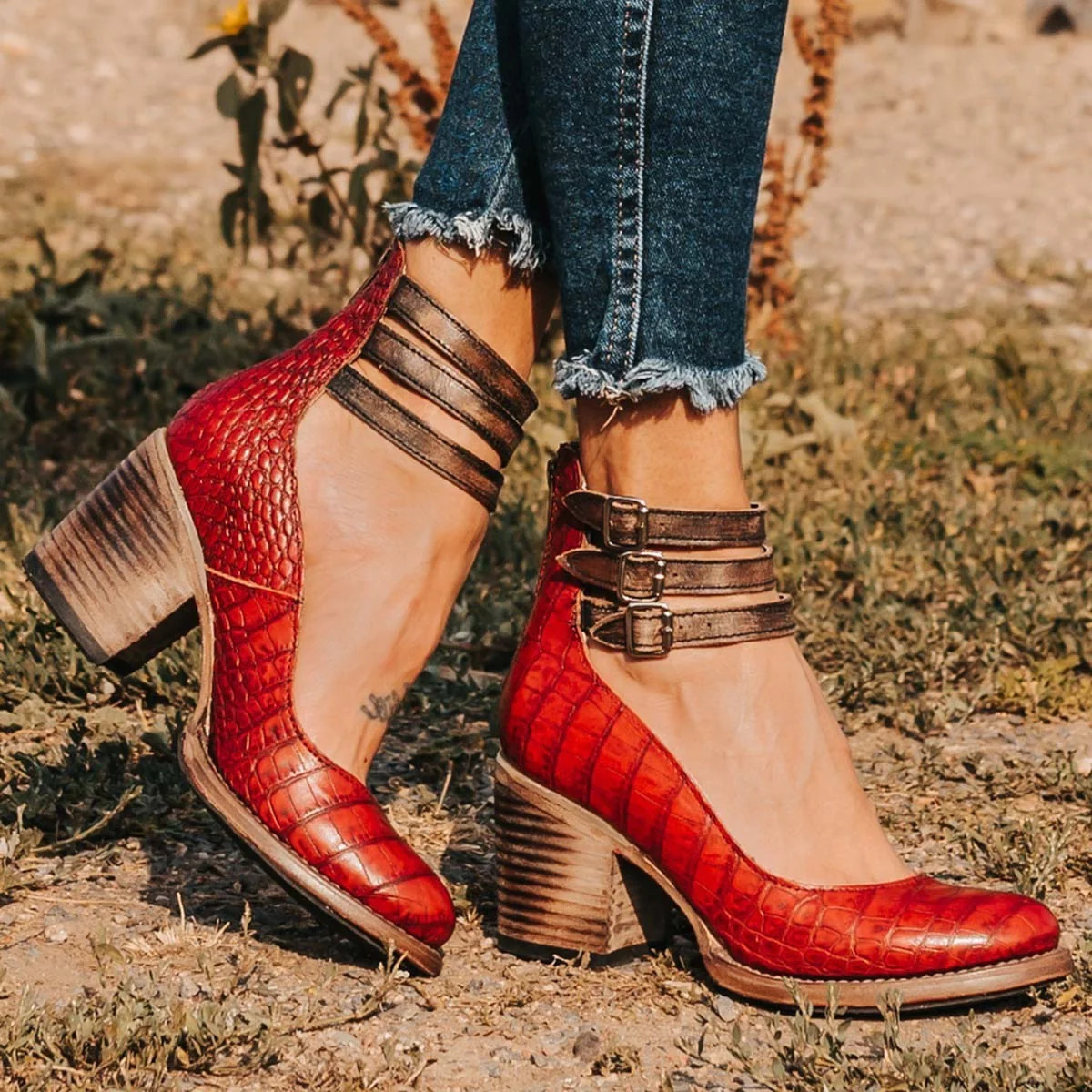 Women’s Leather High Heel Boots - Zip Up Block Heel Shoes