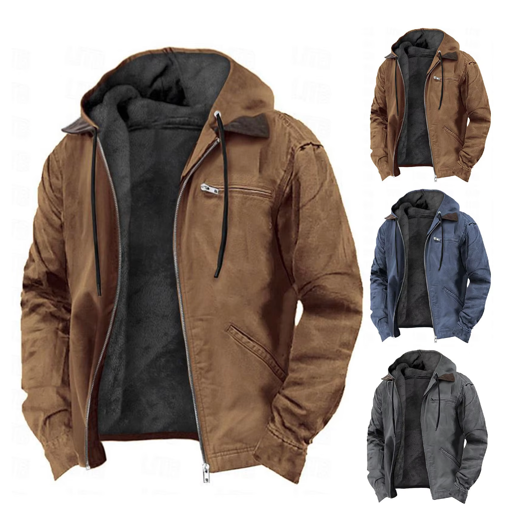 Men's Hooded Zip-Up Jacket, Fleece Lined Sherpa Jacket – Drawstring Hood