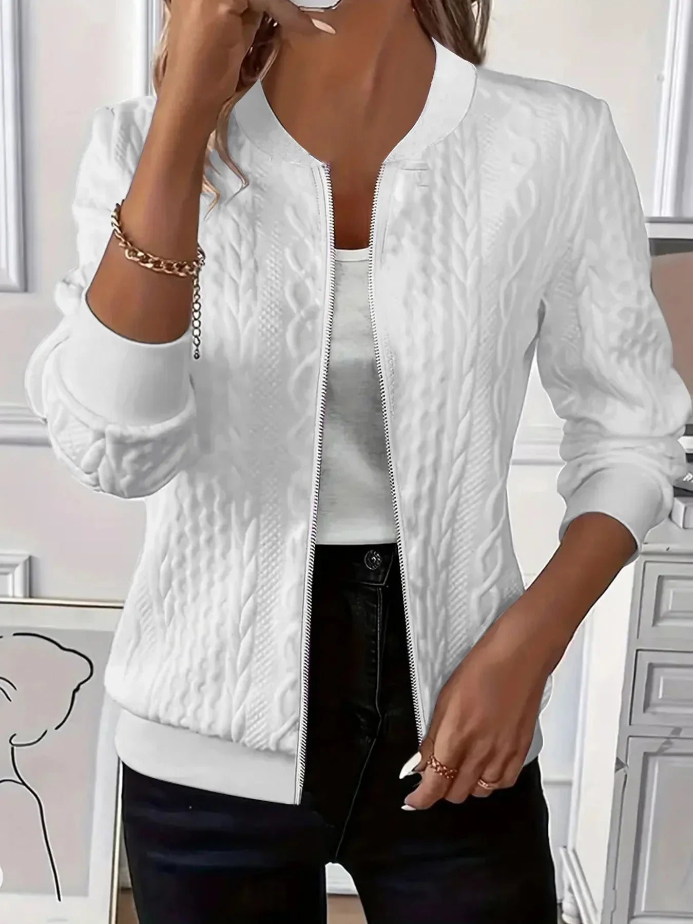 Women's White Cable Knit Bomber Jacket - Textured Zip Front Casual Coat