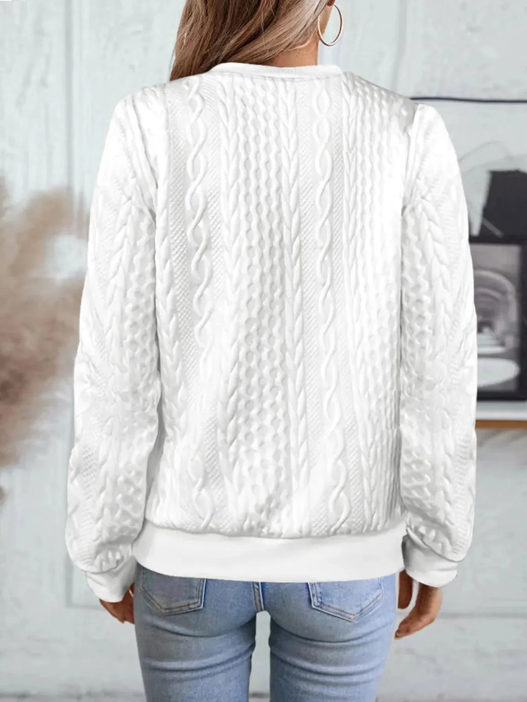 Women's White Cable Knit Bomber Jacket - Textured Zip Front Casual Coat