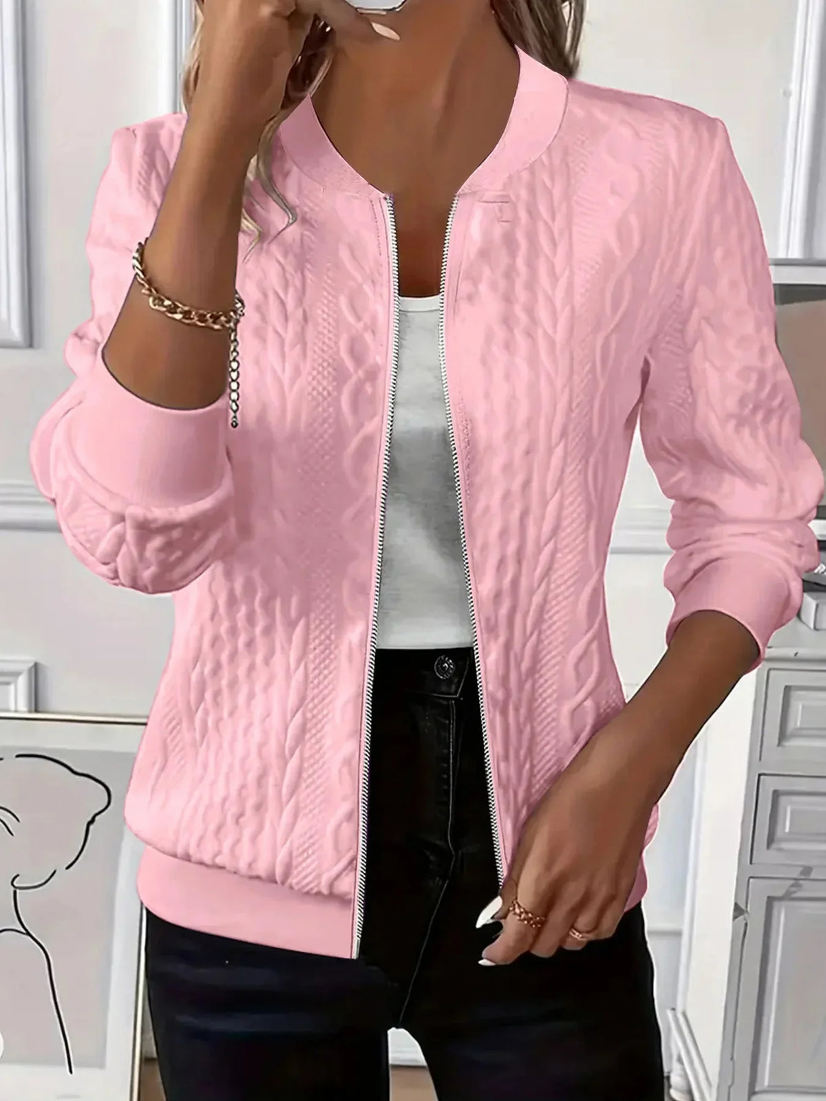 Women's White Cable Knit Bomber Jacket - Textured Zip Front Casual Coat