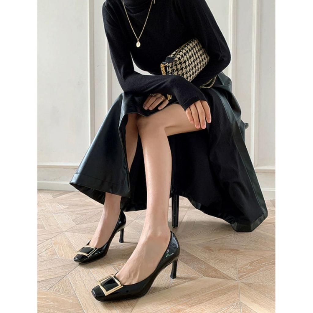 Women's Orthopedic Square Toe Heels - Metal Buckle Patent Leather Shoes