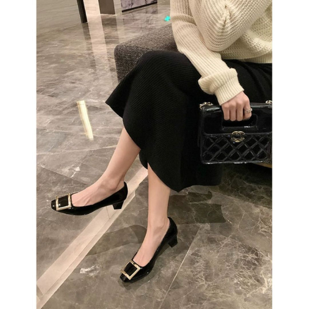 Women's Orthopedic Square Toe Heels - Metal Buckle Patent Leather Shoes