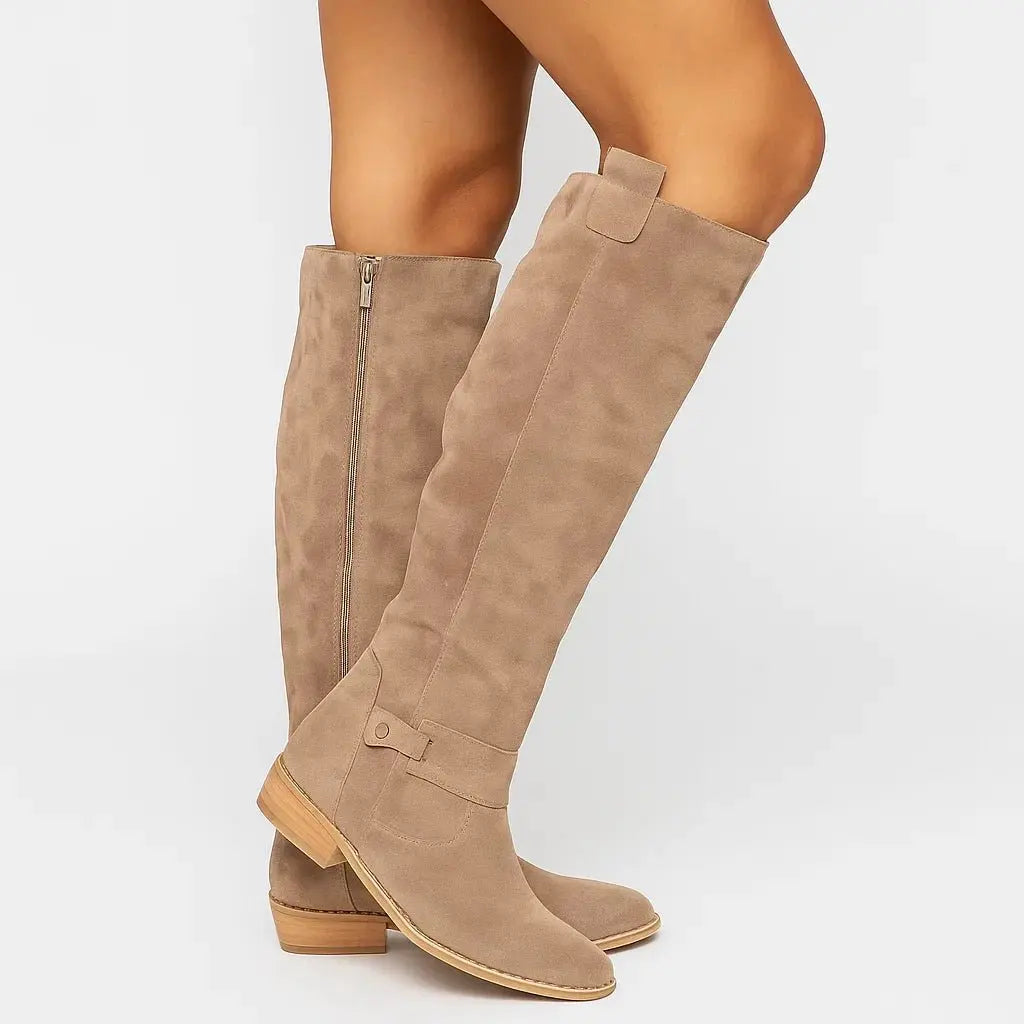 Women's Side Zip Suede Knee High Boots, Low Block Heel Tall Boots with Non-Slip Sole