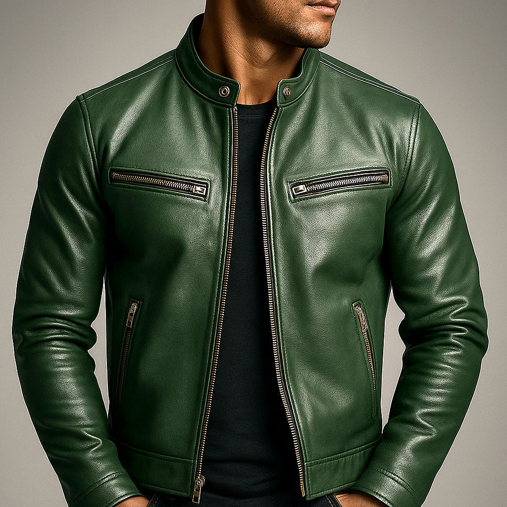 Men's Leather Jacket Biker Style Green with Zip Pockets