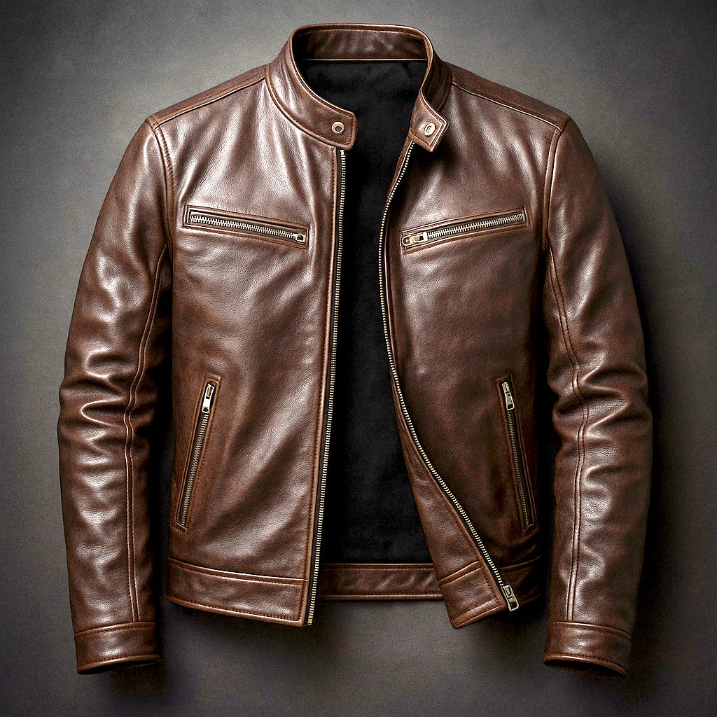 Men's Leather Jacket Biker Style Green with Zip Pockets