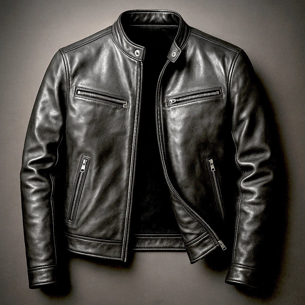 Men's Leather Jacket Biker Style Green with Zip Pockets