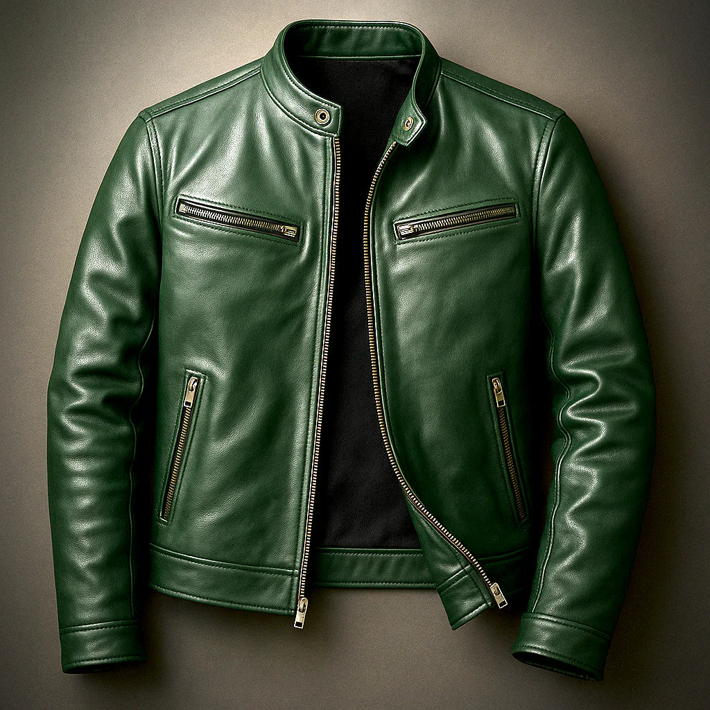 Men's Leather Jacket Biker Style Green with Zip Pockets