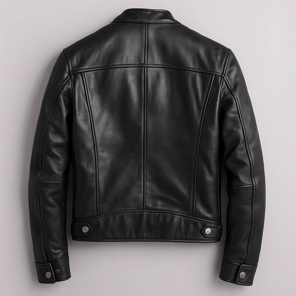 Men's Leather Jacket Biker Style Green with Zip Pockets