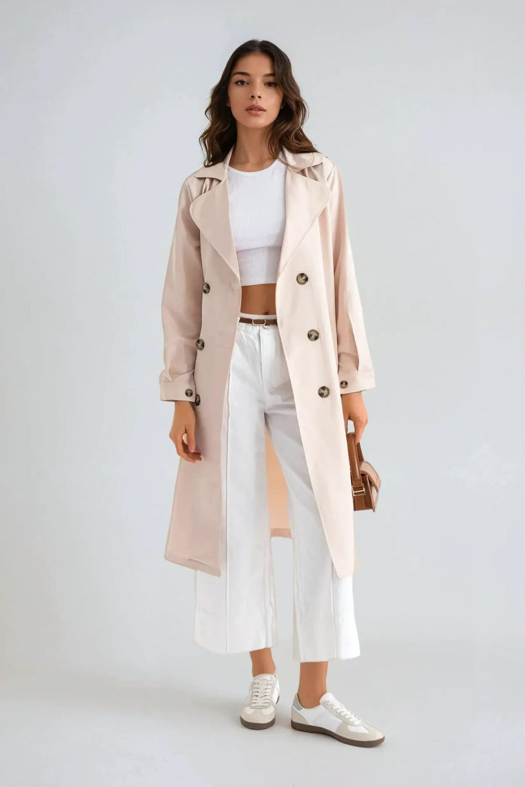 Women's Long Trench Coat, Double-Breasted Belted Longline Trench Coat – Beige