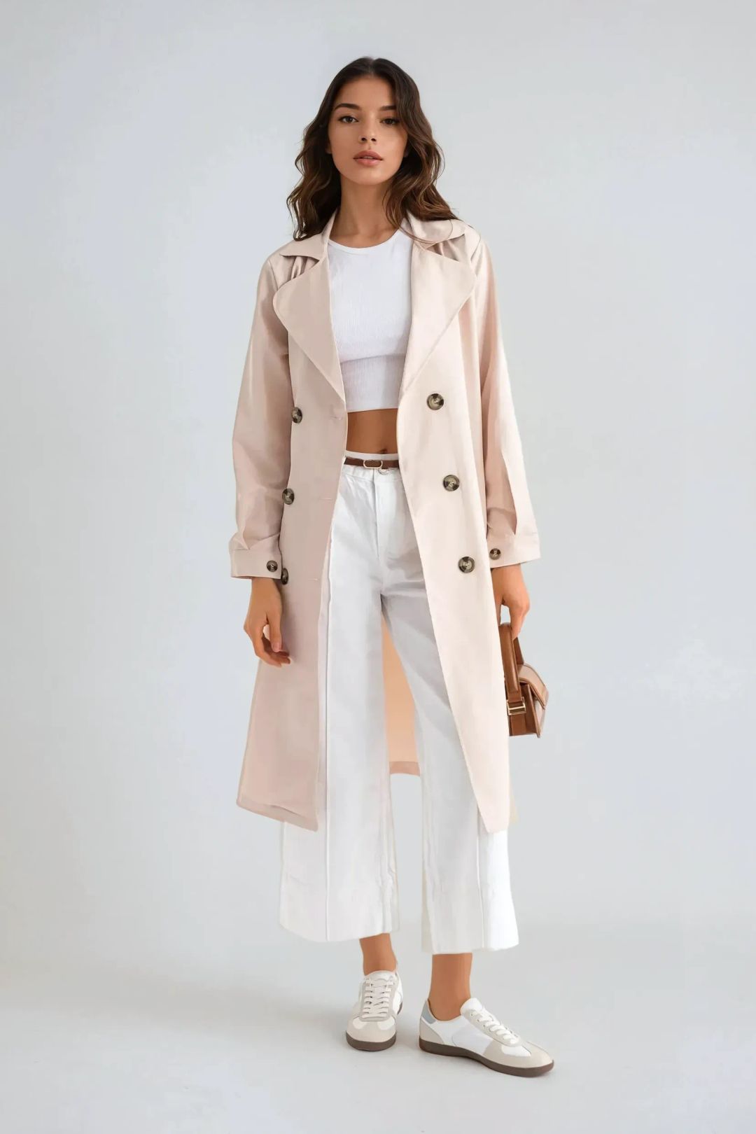 Women's Long Trench Coat, Double-Breasted Belted Longline Trench Coat – Beige