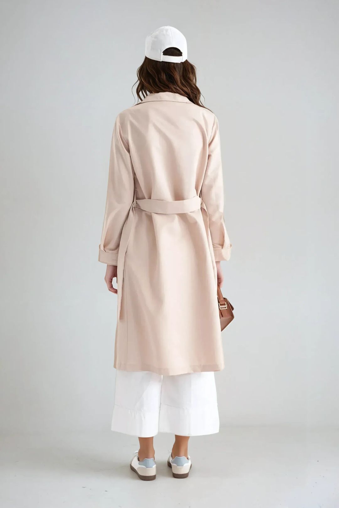 Women's Long Trench Coat, Double-Breasted Belted Longline Trench Coat – Beige