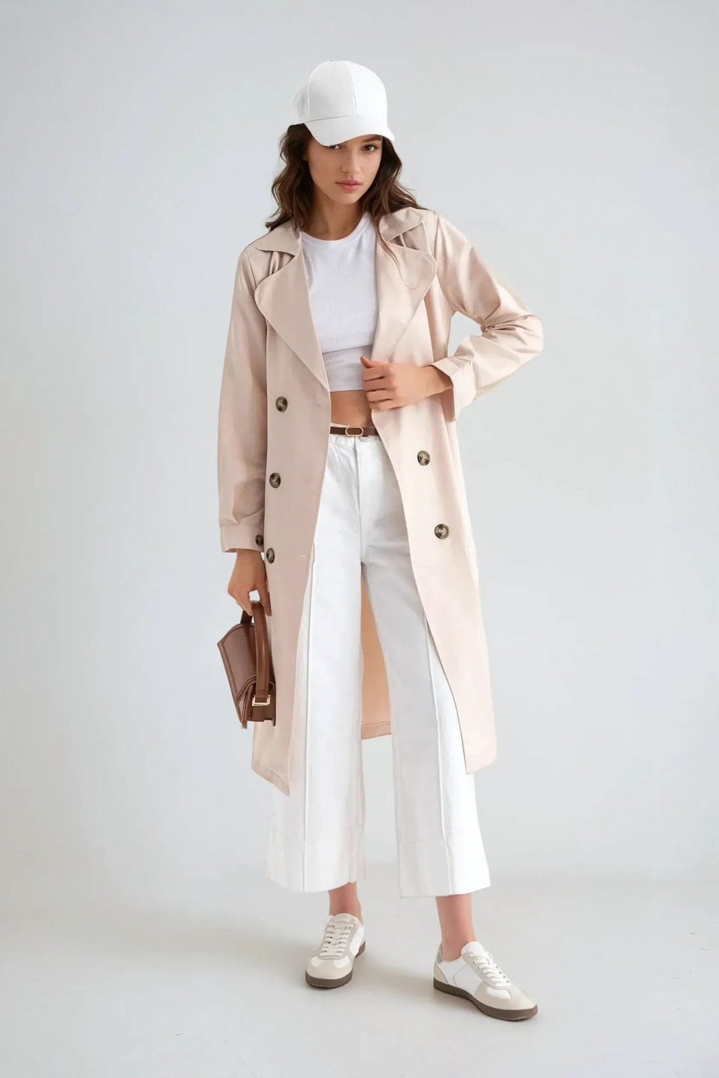 Women's Long Trench Coat, Double-Breasted Belted Longline Trench Coat – Beige