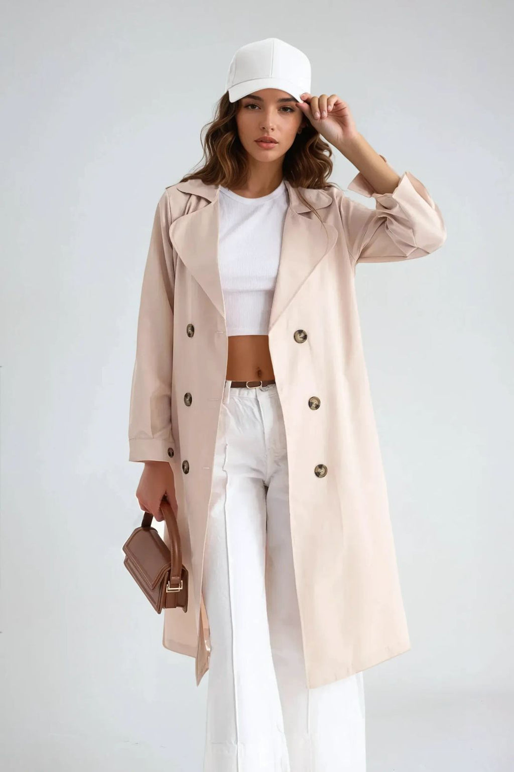 Women's Long Trench Coat, Double-Breasted Belted Longline Trench Coat – Beige