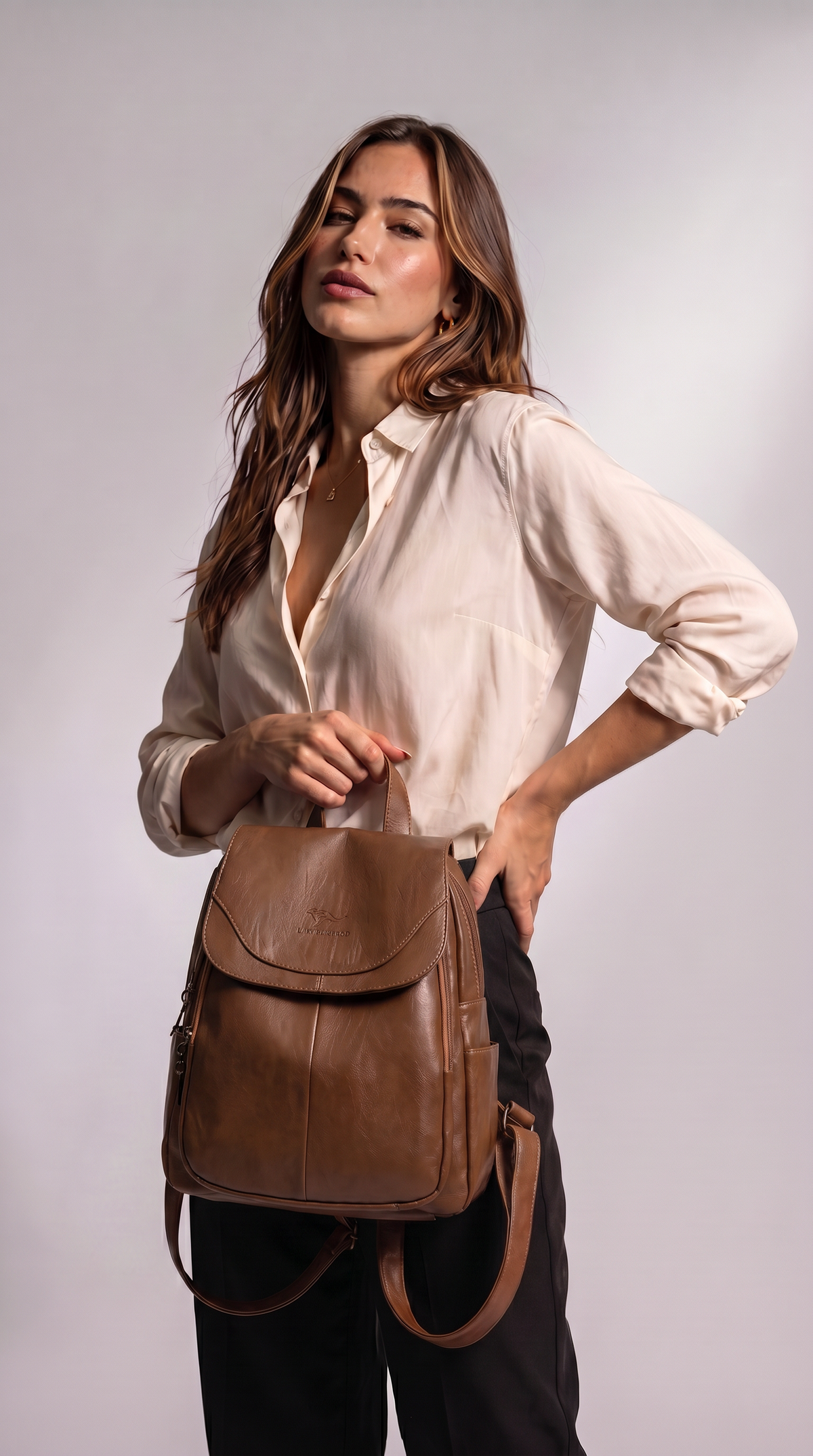 Women's Leather Backpack, Fold-Over Flap Rucksack with Side Pockets