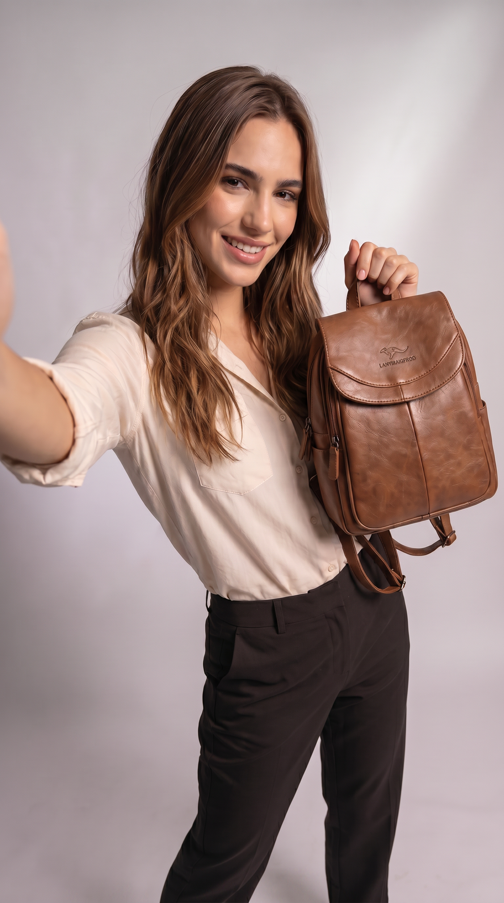 Women's Leather Backpack, Fold-Over Flap Rucksack with Side Pockets