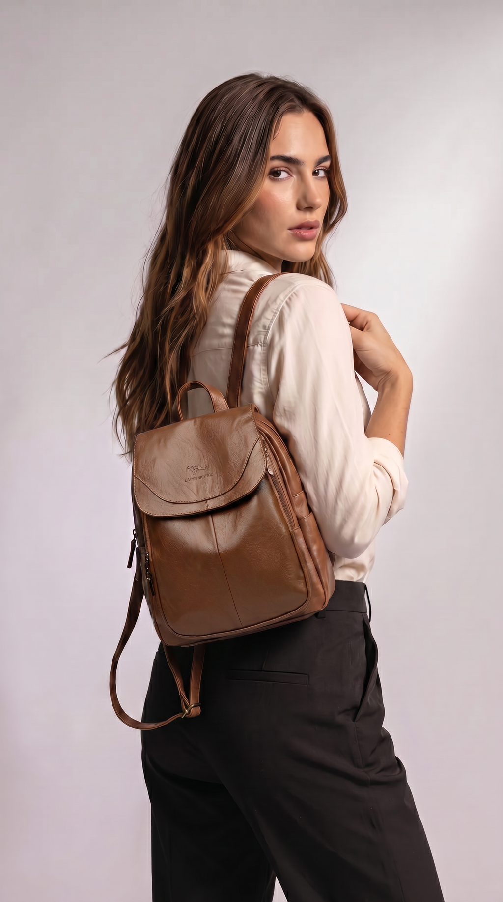 Women's Leather Backpack, Fold-Over Flap Rucksack with Side Pockets
