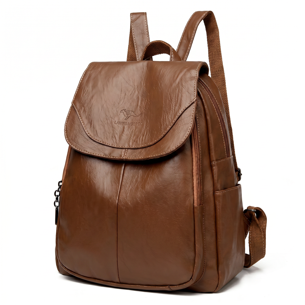 Women's Leather Backpack, Fold-Over Flap Rucksack with Side Pockets