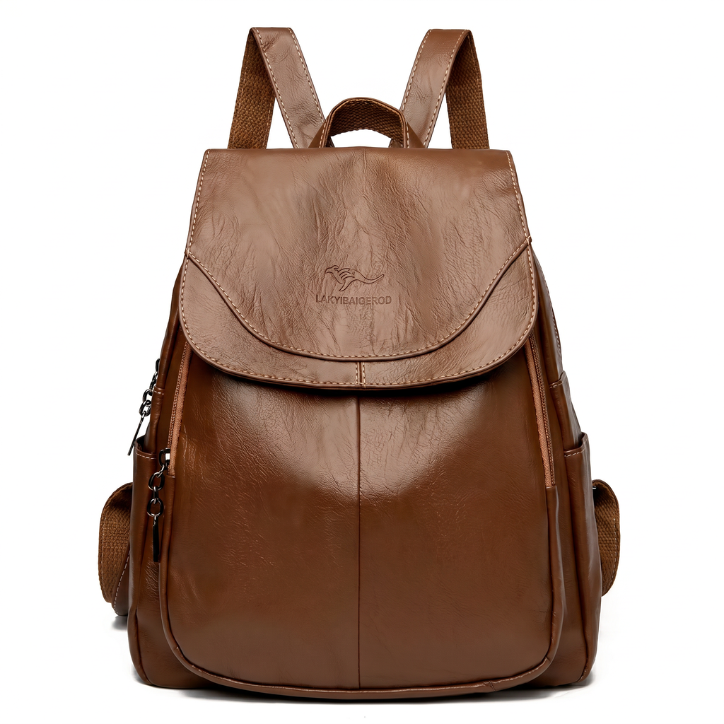 Women's Leather Backpack, Fold-Over Flap Rucksack with Side Pockets