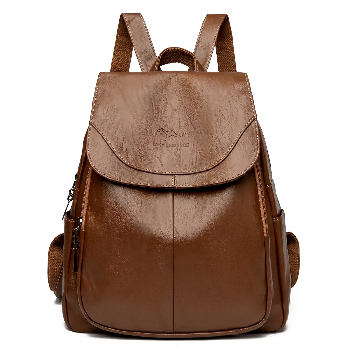 Women's Leather Backpack, Fold-Over Flap Rucksack with Side Pockets