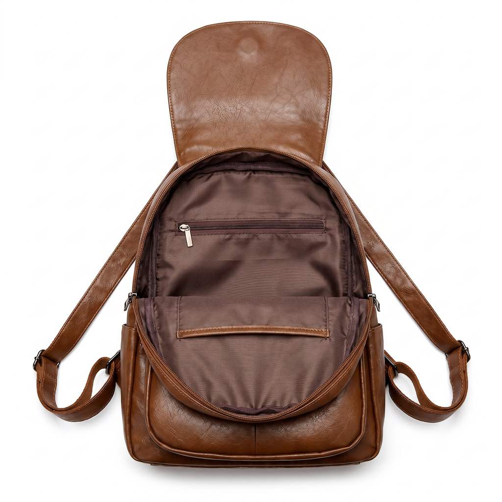 Women's Leather Backpack, Fold-Over Flap Rucksack with Side Pockets