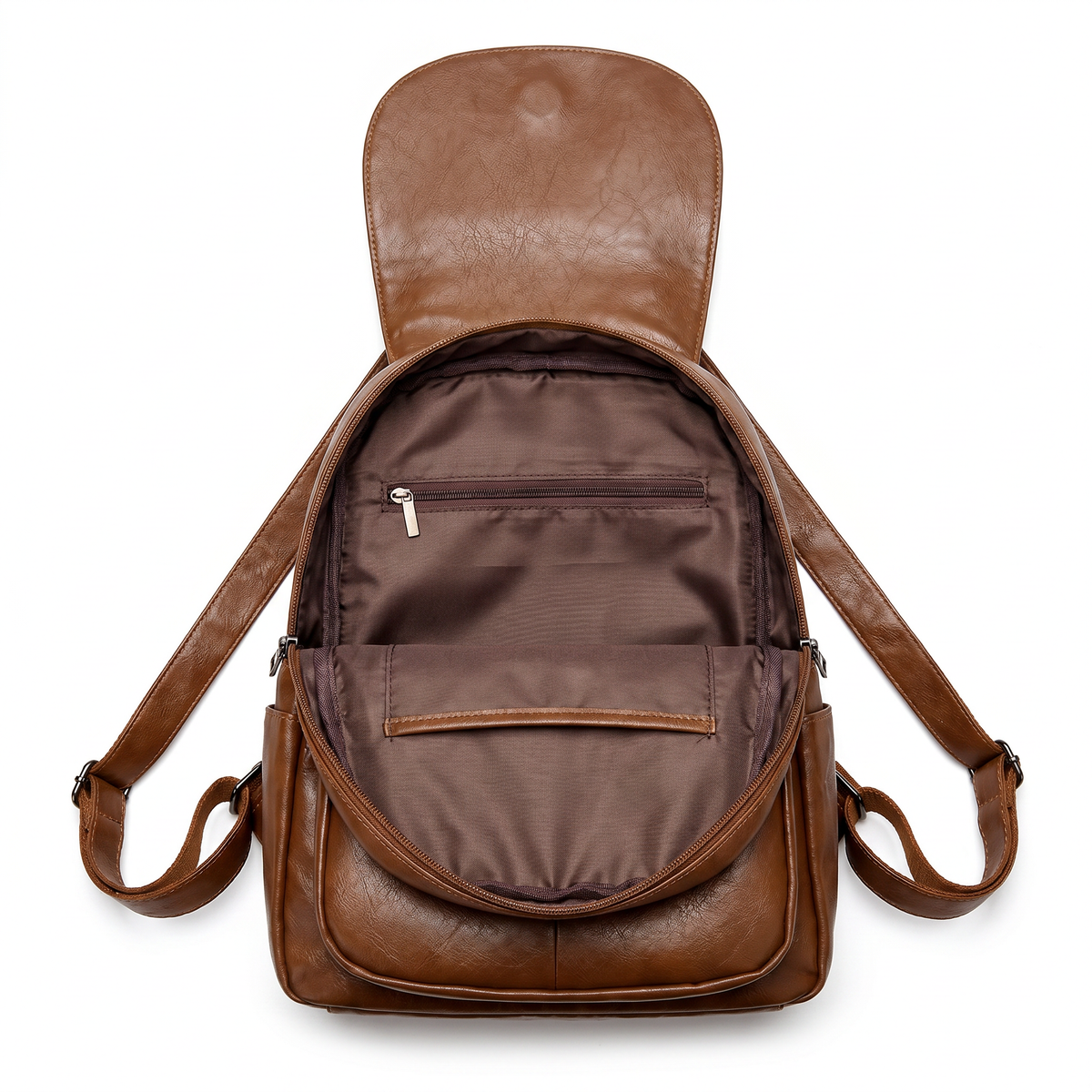 Women's Leather Backpack, Fold-Over Flap Rucksack with Side Pockets