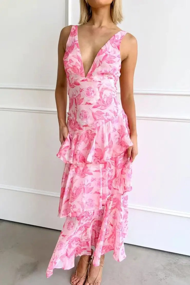 Women's Floral Maxi Summer Dress – Sleeveless V-Neck Draped Style