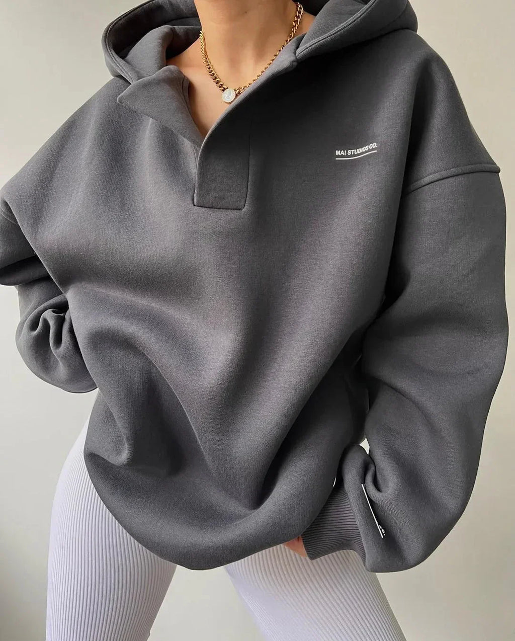 Women's Oversized Hoodie, Half Zip Pullover Hooded Sweatshirt – Stone