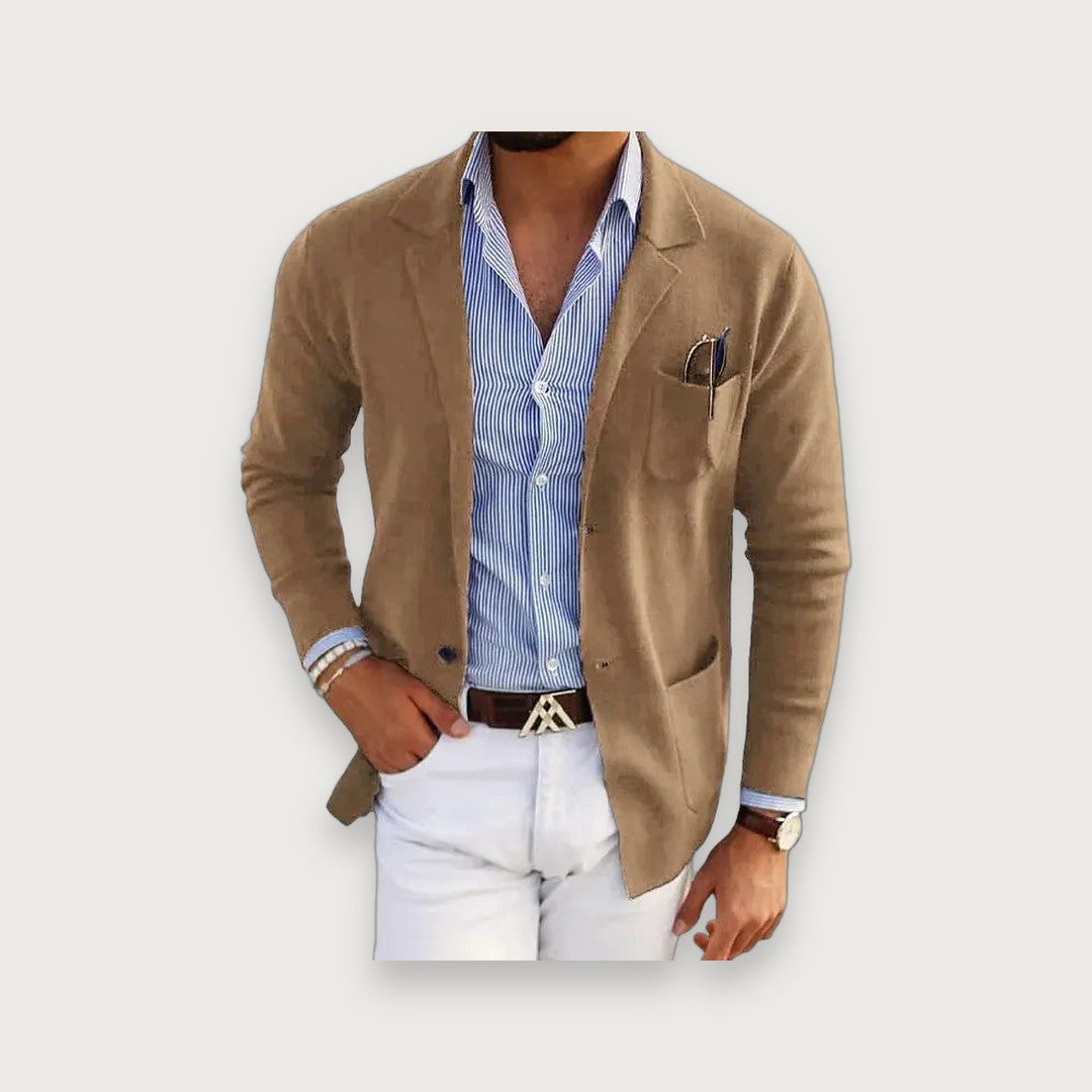 Men's Knit Blazer Cardigan with Notched Lapel - Beige