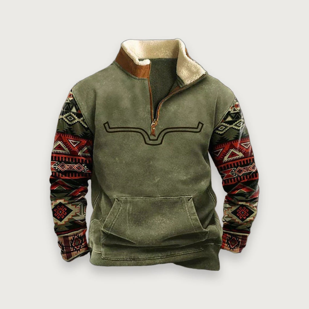 Men's Quarter-Zip Fleece Pullover with Western Aztec Print Sleeves - Khaki