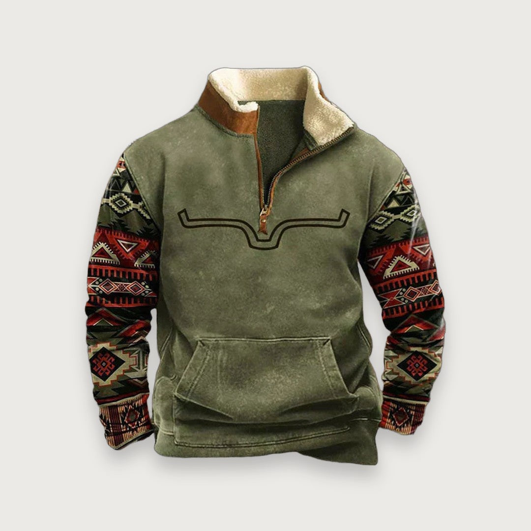 Men's Quarter-Zip Fleece Pullover with Western Aztec Print Sleeves - Khaki