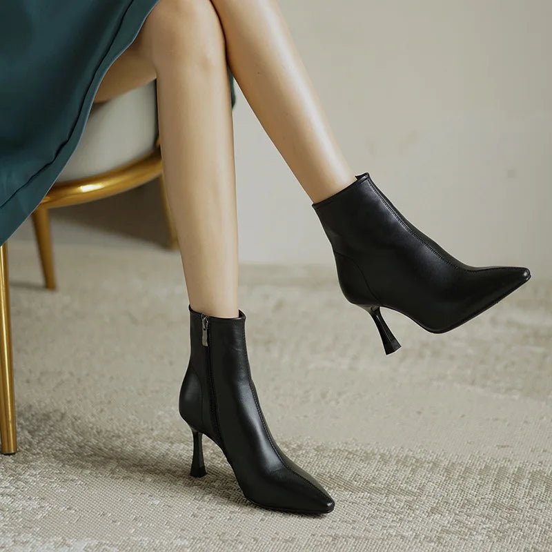 Women's Orthopedic Ankle Boots - Leather Back Zipper Pointed Toe with Stiletto Heel