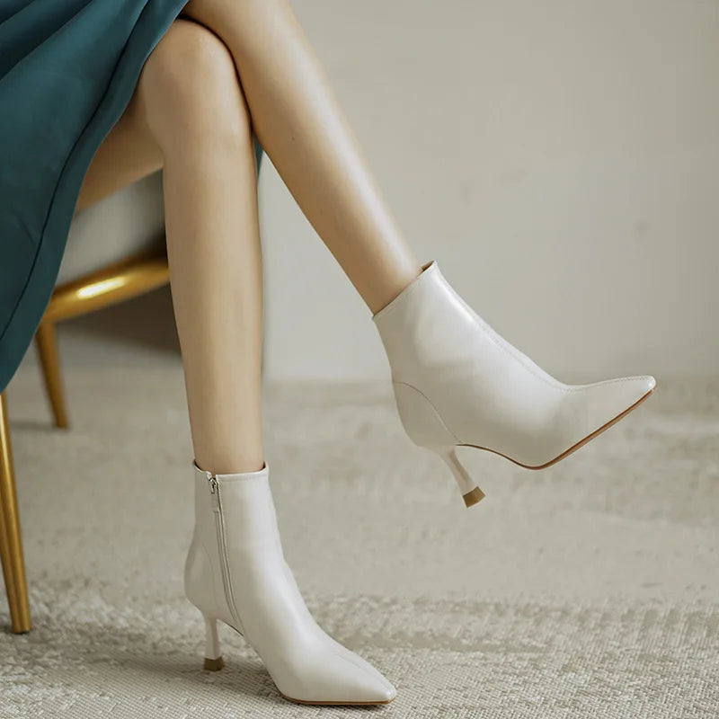 Women's Orthopedic Ankle Boots - Leather Back Zipper Pointed Toe with Stiletto Heel
