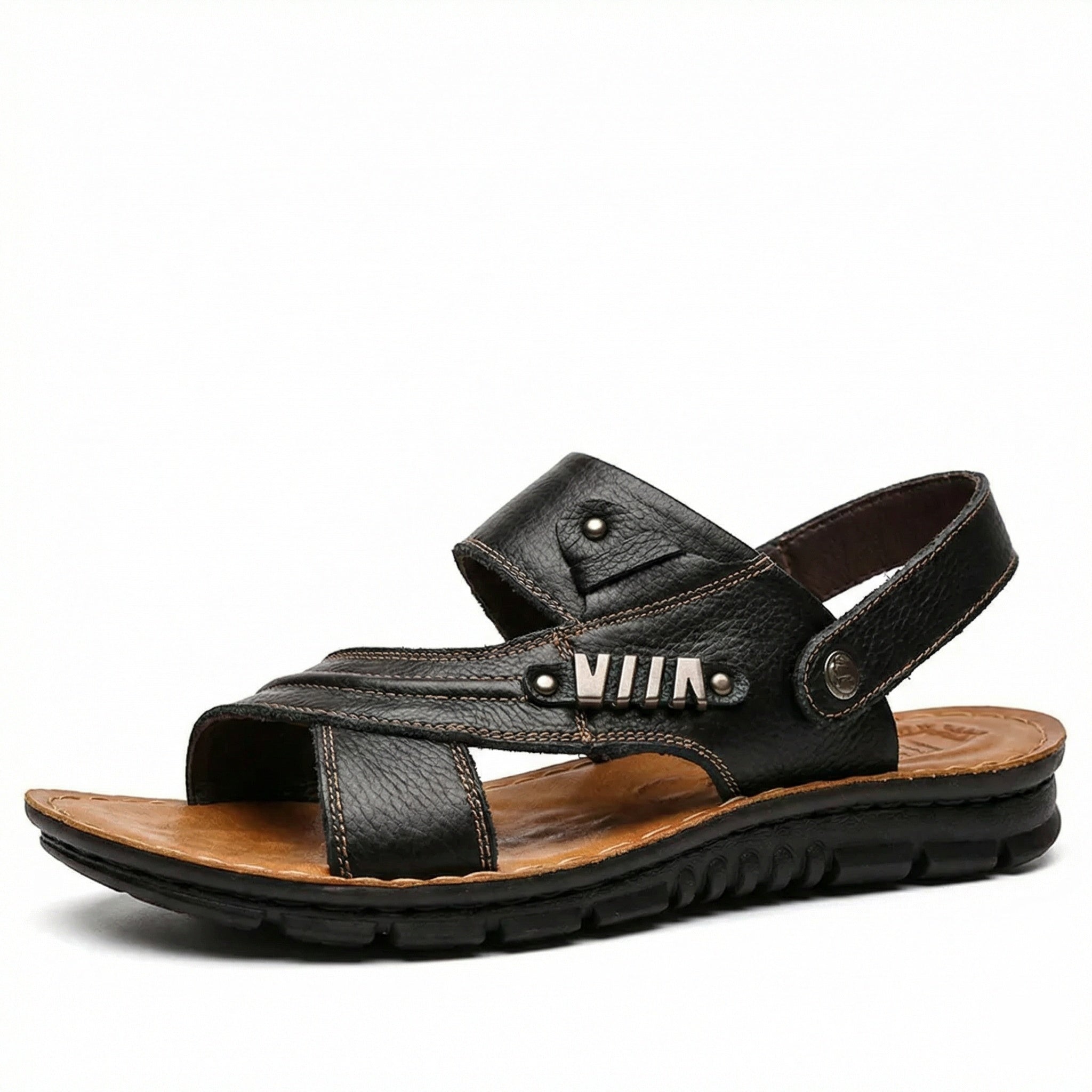 Men's Leather Open-Toe Sandals - Adjustable Back Strap Slip On Shoes