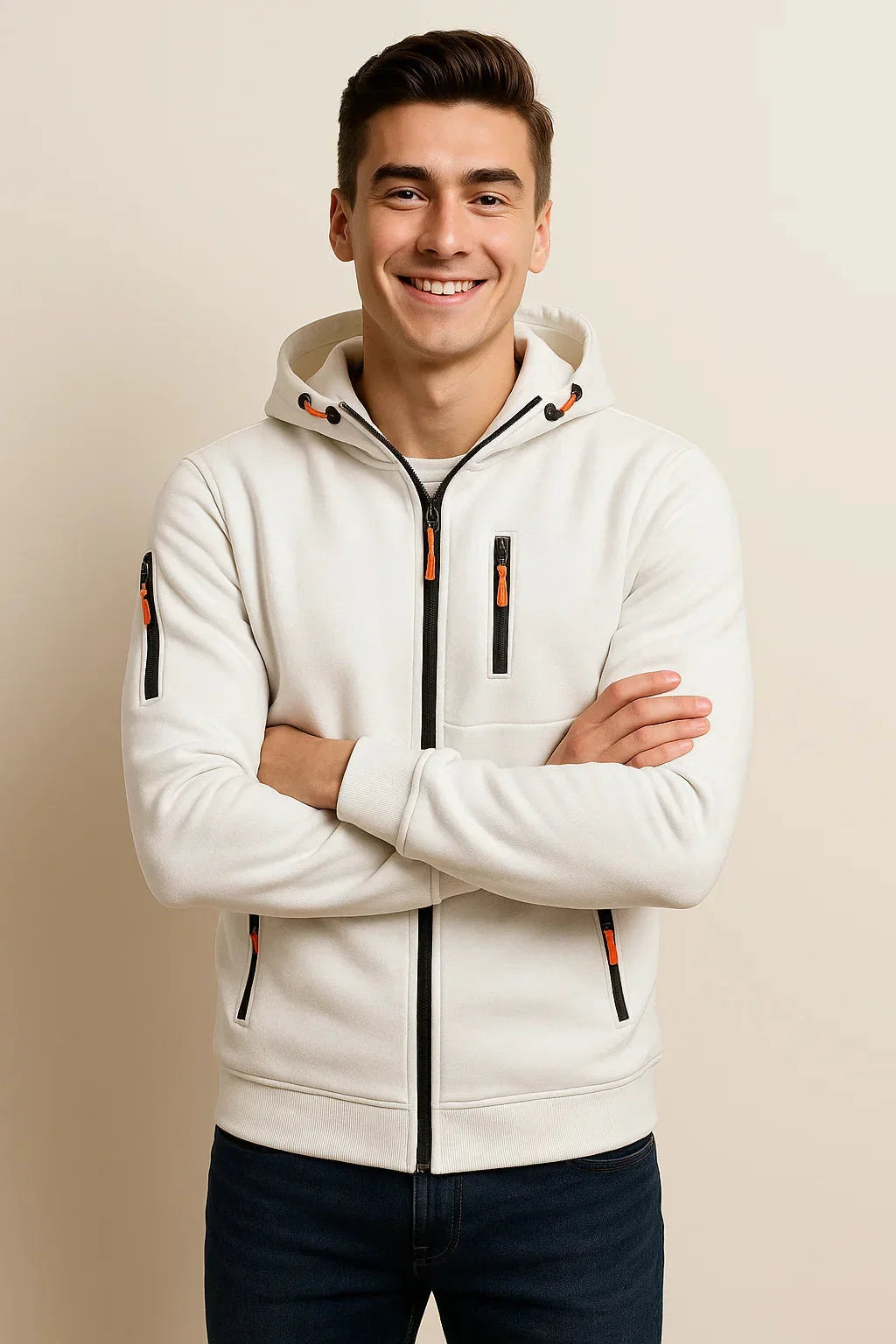 Men's Zip Up Hoodie - Fleece Full-Zip Sweatshirt with Pockets, Cream