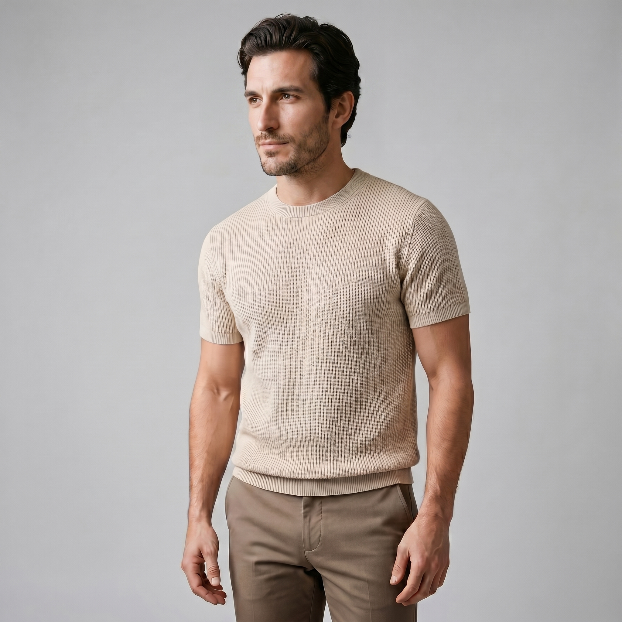 Men's Knitted T-Shirt, Ribbed Short Sleeve Crew Neck Tee – Casual