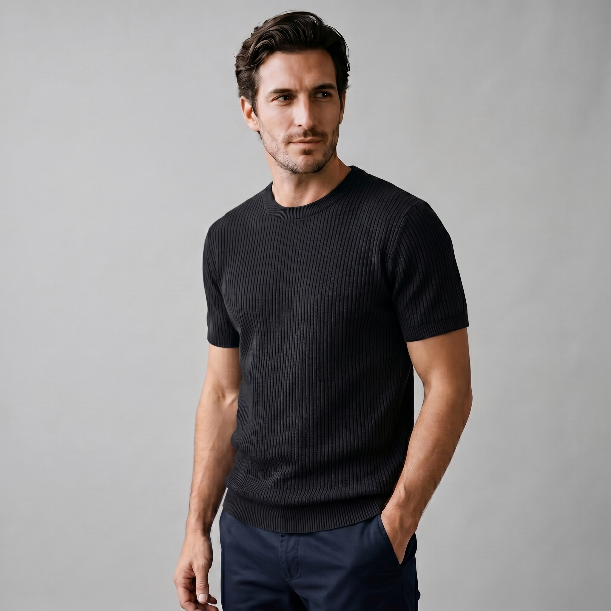Men's Knitted T-Shirt, Ribbed Short Sleeve Crew Neck Tee – Casual