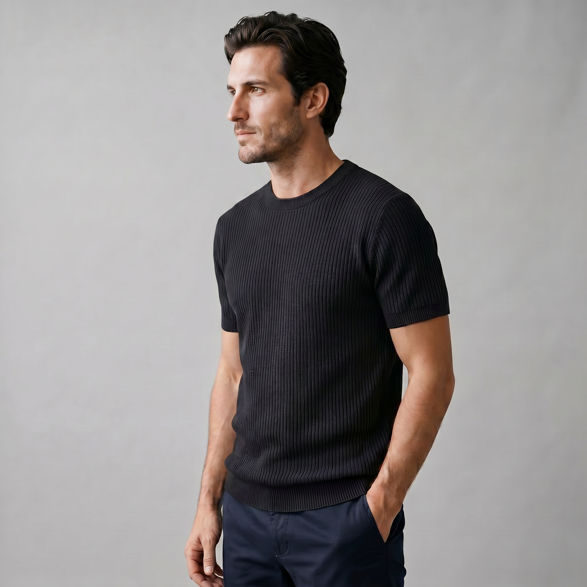 Men's Knitted T-Shirt, Ribbed Short Sleeve Crew Neck Tee – Casual
