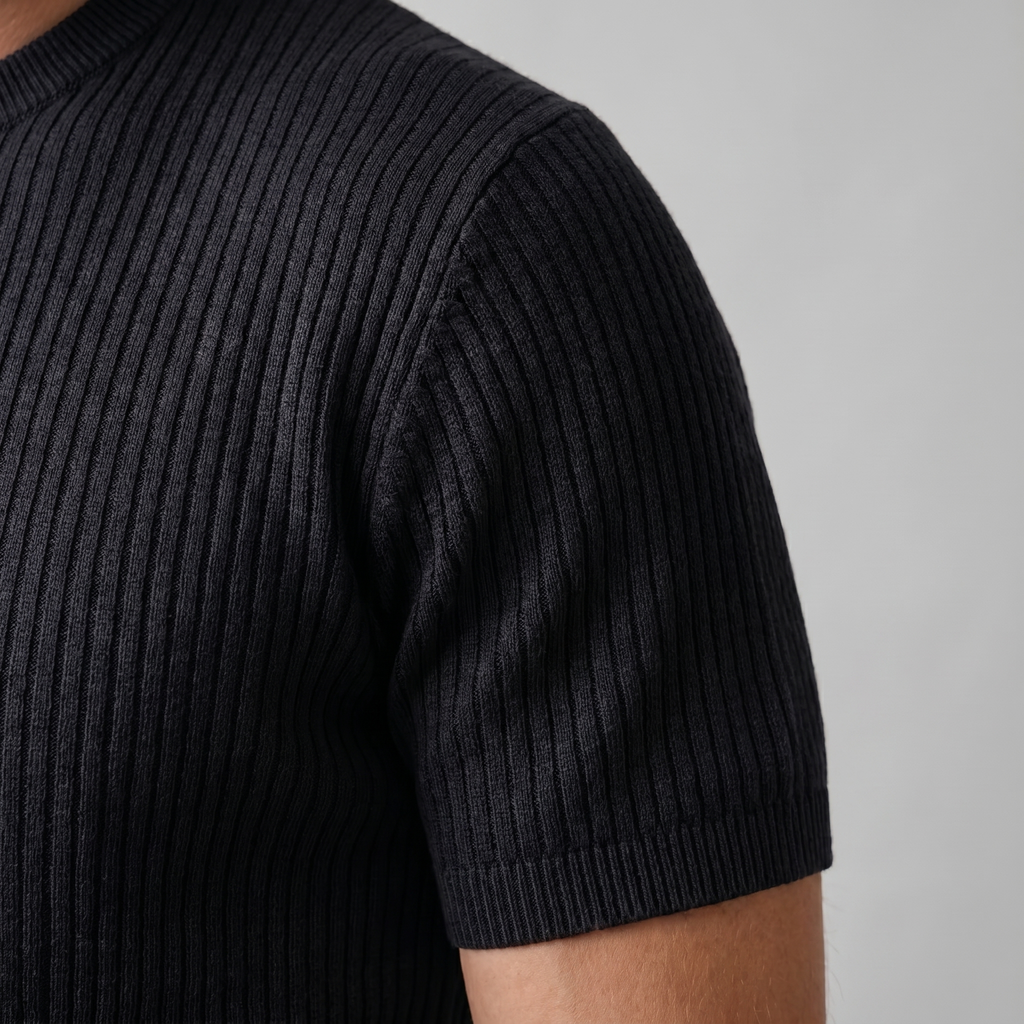 Men's Knitted T-Shirt, Ribbed Short Sleeve Crew Neck Tee – Casual