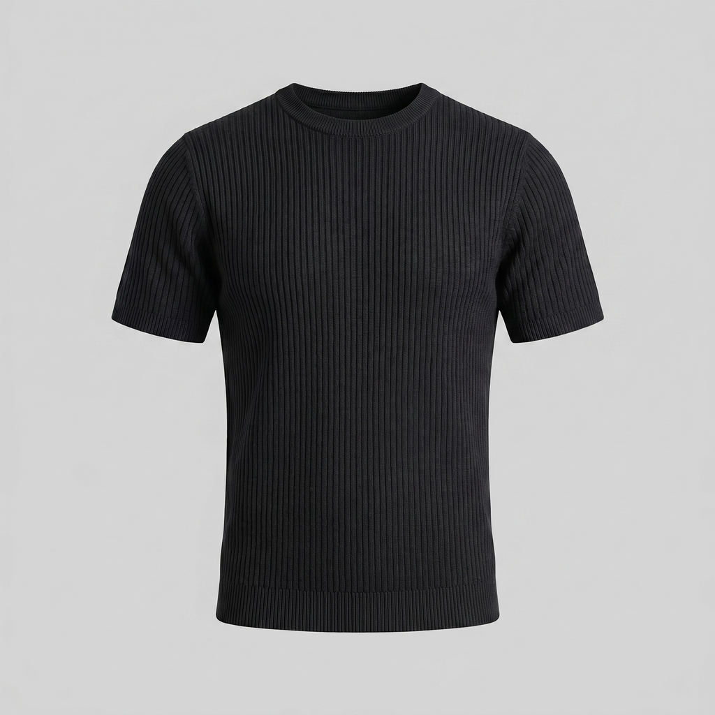 Men's Knitted T-Shirt, Ribbed Short Sleeve Crew Neck Tee – Casual