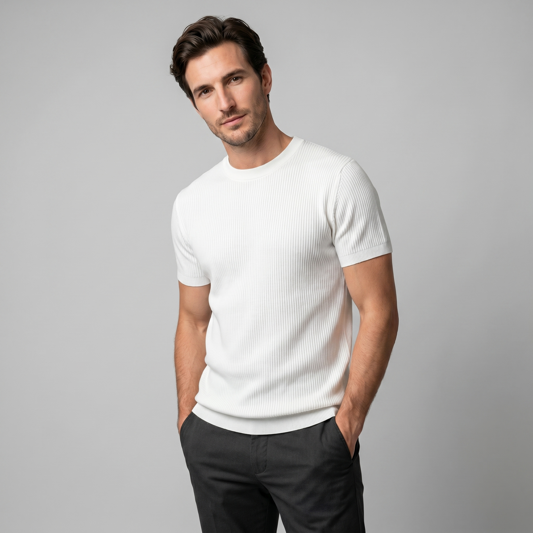 Men's Knitted T-Shirt, Ribbed Short Sleeve Crew Neck Tee – Casual