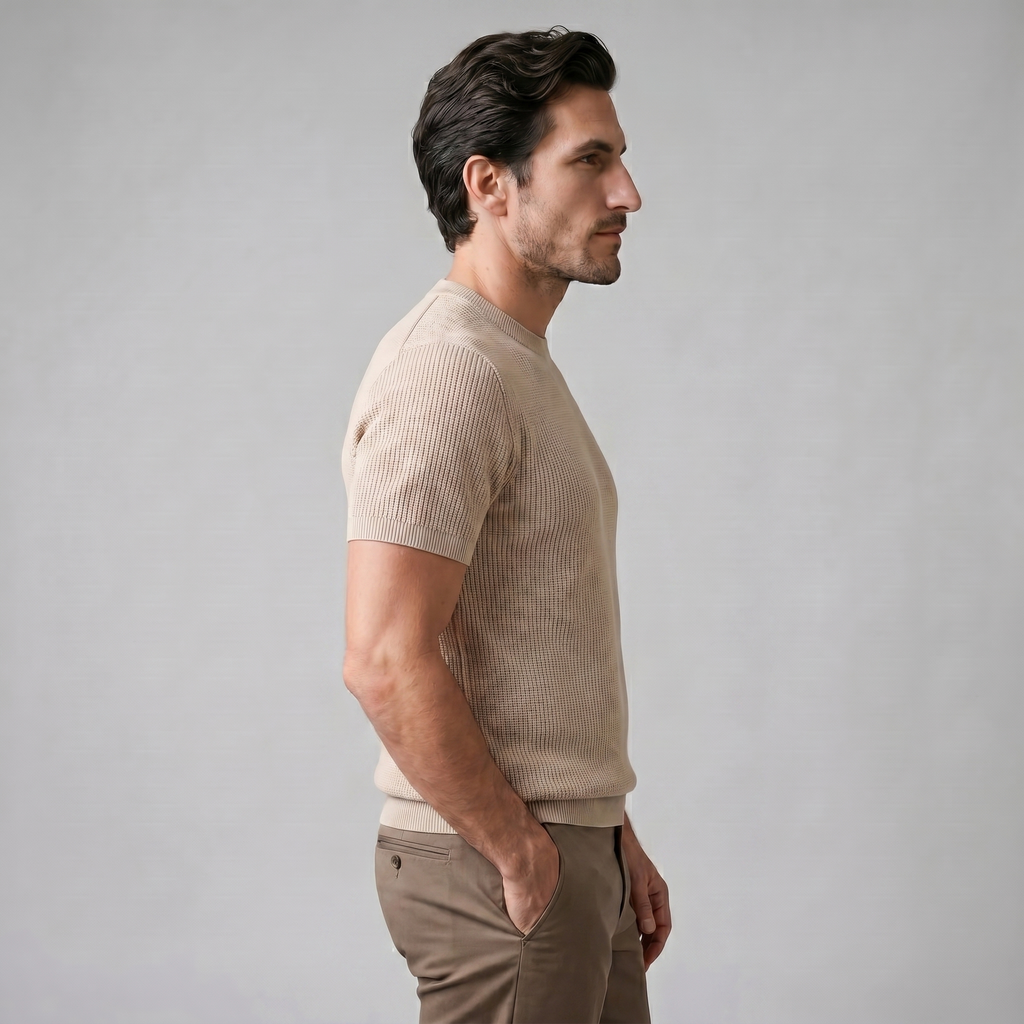 Men's Knitted T-Shirt, Ribbed Short Sleeve Crew Neck Tee – Casual