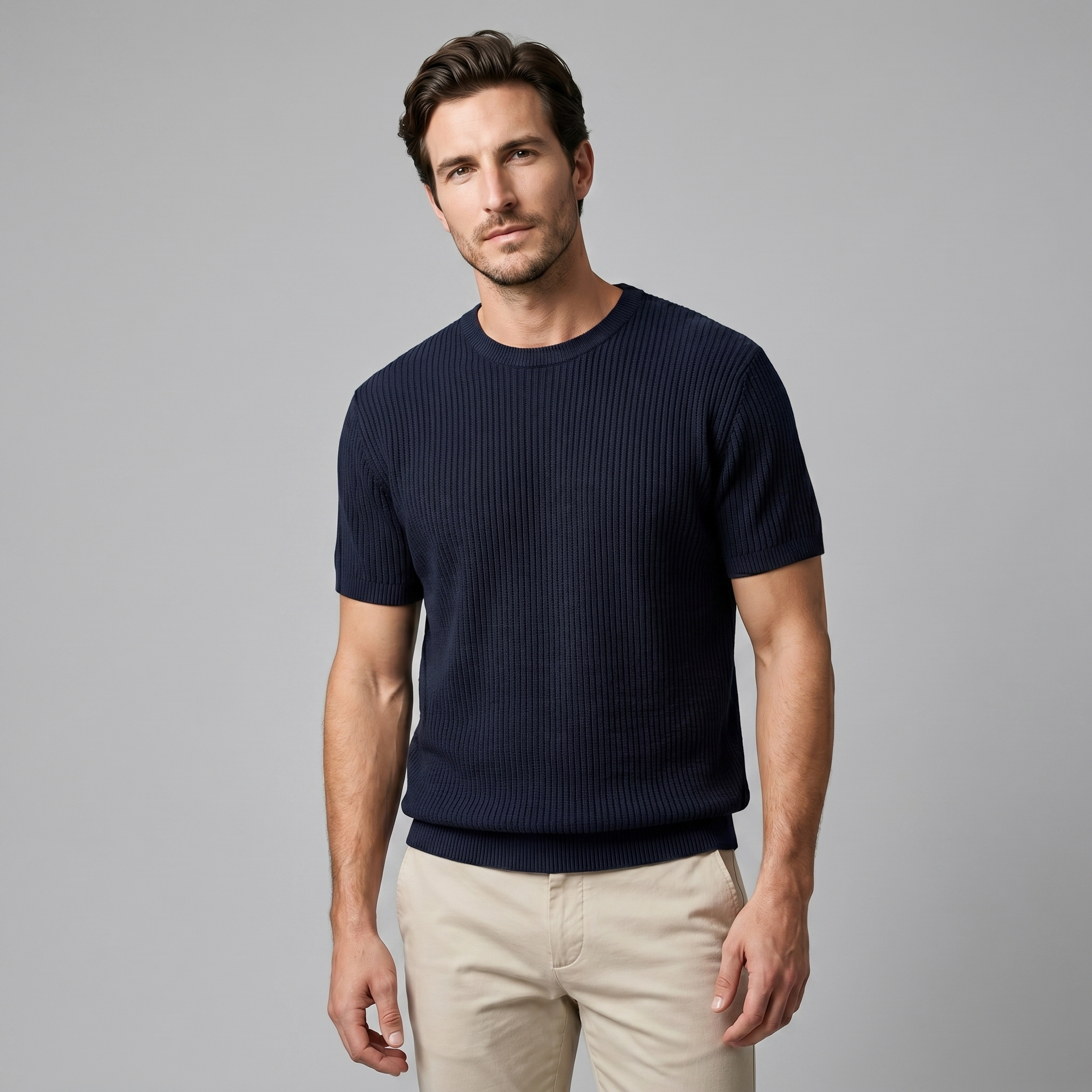 Men's Knitted T-Shirt, Ribbed Short Sleeve Crew Neck Tee – Casual